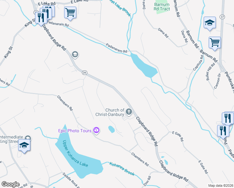 map of restaurants, bars, coffee shops, grocery stores, and more near 98 Clapboard Ridge Road in Danbury