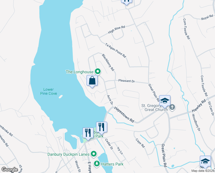 map of restaurants, bars, coffee shops, grocery stores, and more near 15 Acre Drive in Danbury