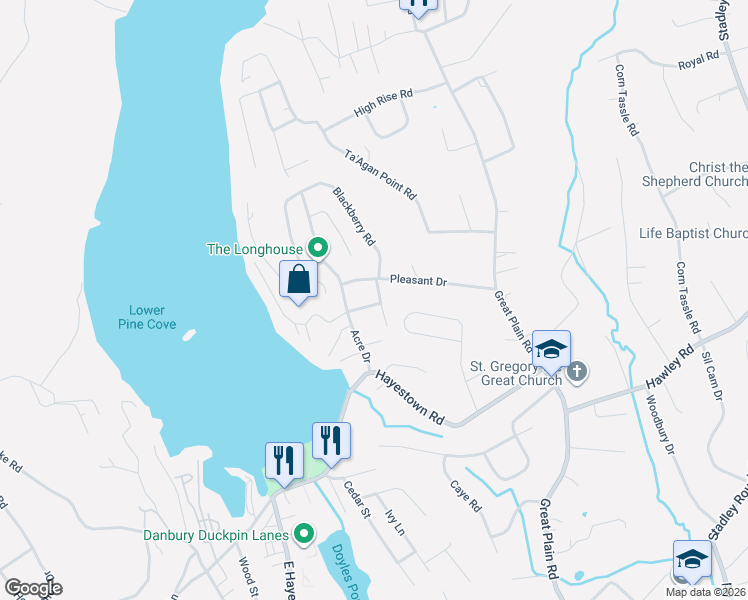 map of restaurants, bars, coffee shops, grocery stores, and more near 6 Cedar Road in Danbury