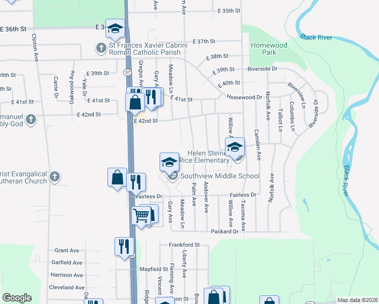 map of restaurants, bars, coffee shops, grocery stores, and more near 4324 Palm Avenue in Lorain