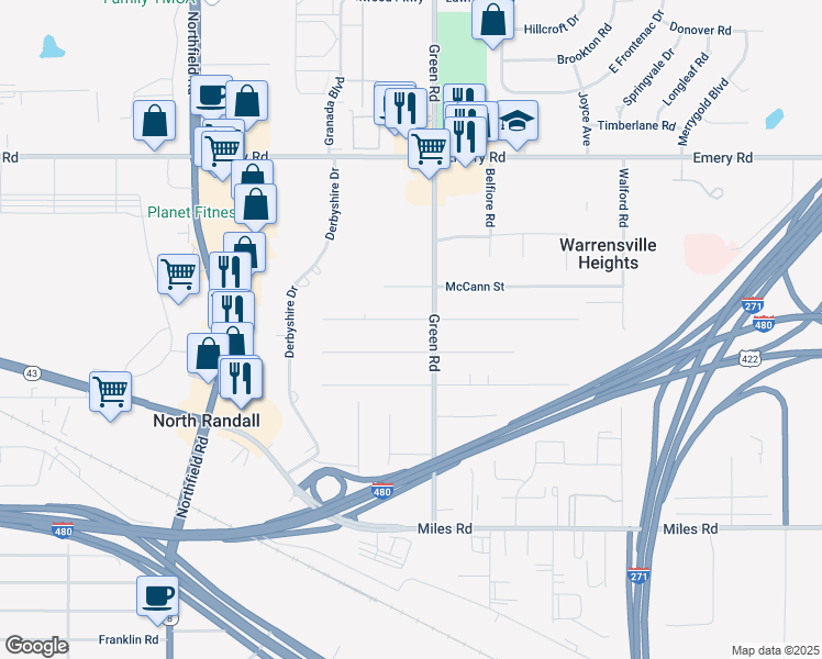 map of restaurants, bars, coffee shops, grocery stores, and more near 4784 Green Road in Warrensville Heights