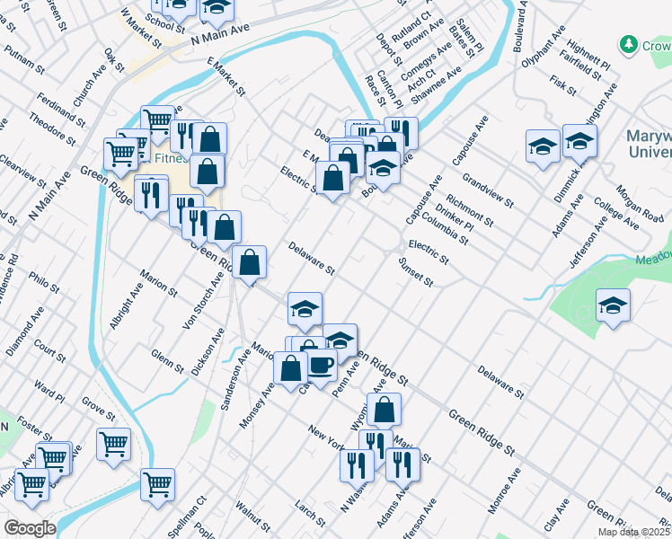 map of restaurants, bars, coffee shops, grocery stores, and more near 1643 Monsey Avenue in Scranton