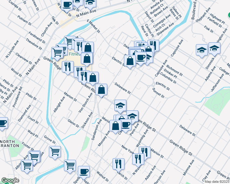 map of restaurants, bars, coffee shops, grocery stores, and more near 1641 Sanderson Avenue in Scranton