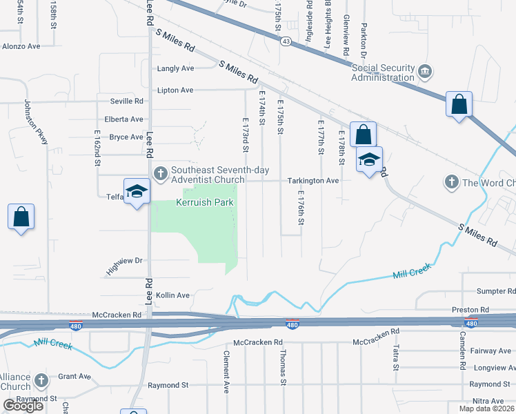 map of restaurants, bars, coffee shops, grocery stores, and more near 4760 East 174th Street in Cleveland