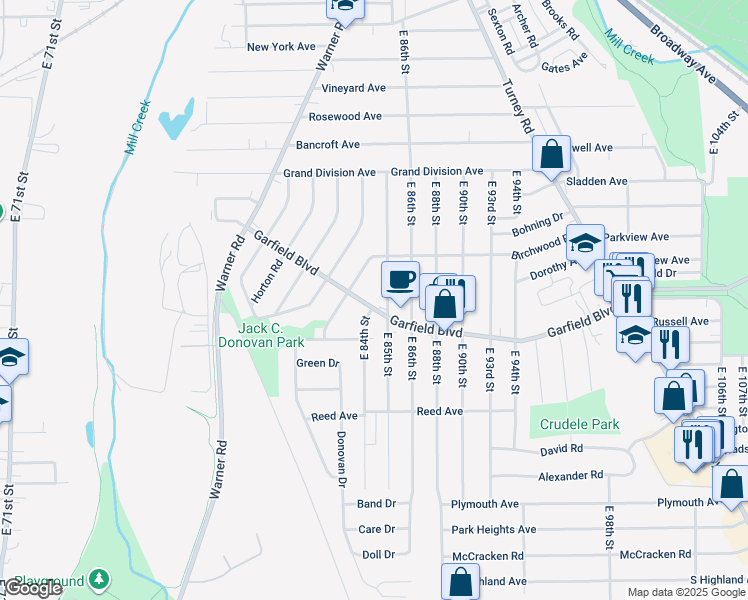 map of restaurants, bars, coffee shops, grocery stores, and more near 8320 Garfield Boulevard in Garfield Heights
