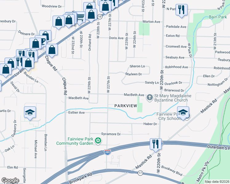 map of restaurants, bars, coffee shops, grocery stores, and more near 22688 Macbeth Avenue in Fairview Park