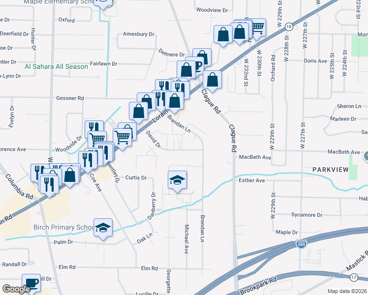 map of restaurants, bars, coffee shops, grocery stores, and more near 23500 David Drive in North Olmsted
