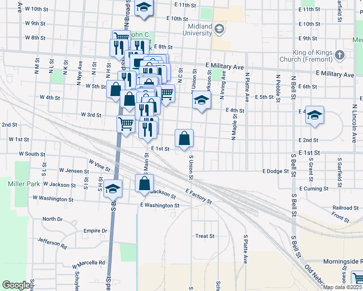 map of restaurants, bars, coffee shops, grocery stores, and more near 416 East 1st Street in Fremont