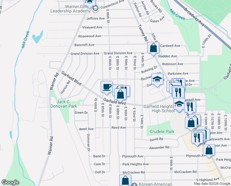 map of restaurants, bars, coffee shops, grocery stores, and more near 4754 East 88th Street in Garfield Heights