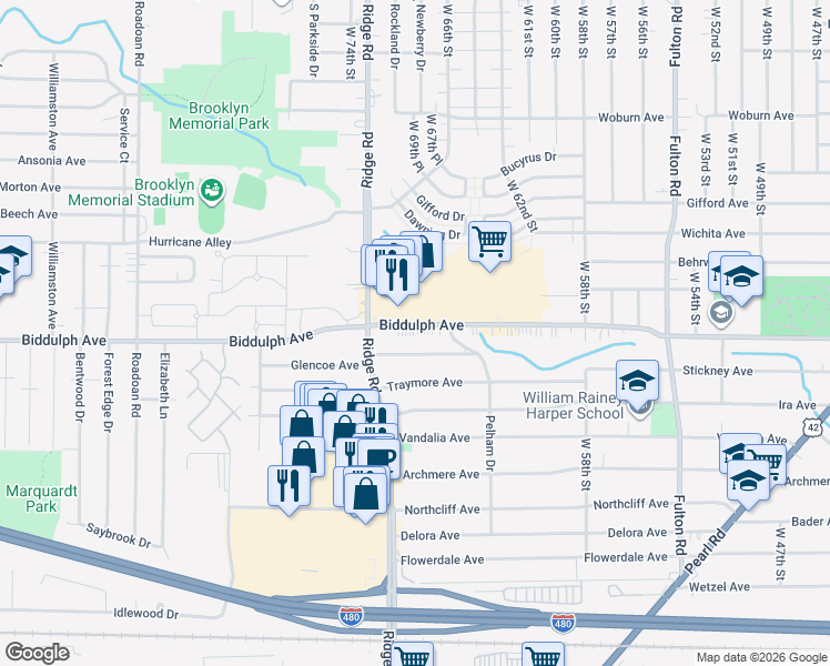 map of restaurants, bars, coffee shops, grocery stores, and more near 6807 Biddulph Road in Brooklyn
