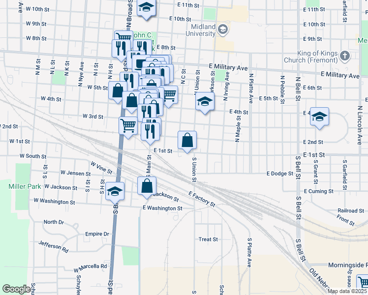 map of restaurants, bars, coffee shops, grocery stores, and more near 416 East 1st Street in Fremont