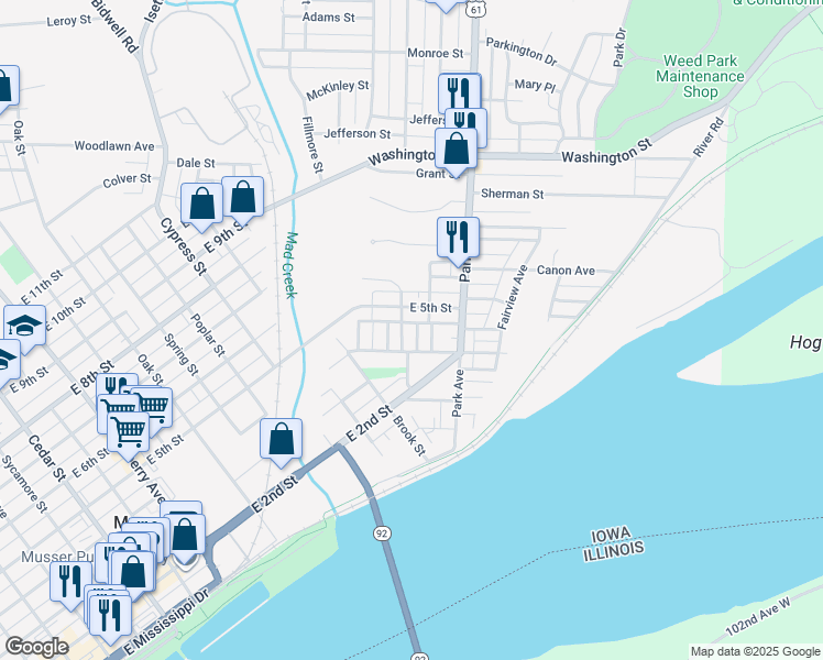 map of restaurants, bars, coffee shops, grocery stores, and more near 414 Begg Street in Muscatine