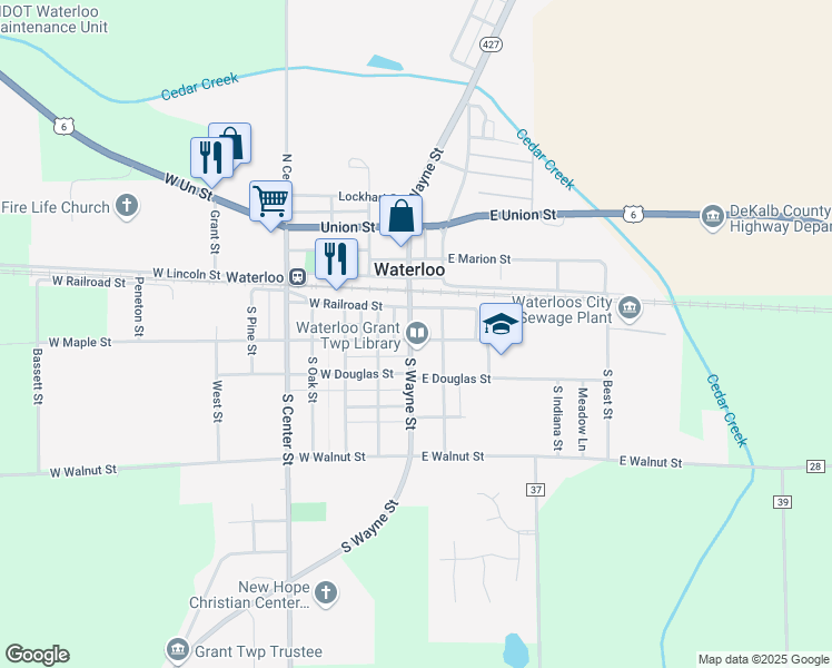 map of restaurants, bars, coffee shops, grocery stores, and more near 280 South Wayne Street in Waterloo