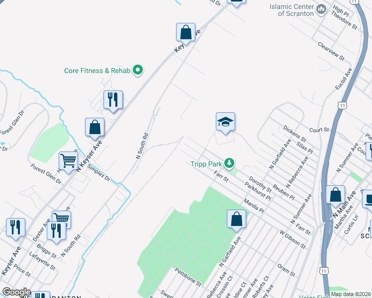 map of restaurants, bars, coffee shops, grocery stores, and more near 2101-2155 Parkhurst Place in Scranton