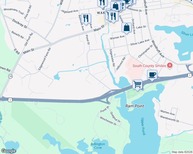 map of restaurants, bars, coffee shops, grocery stores, and more near 228 Pond Street in South Kingstown