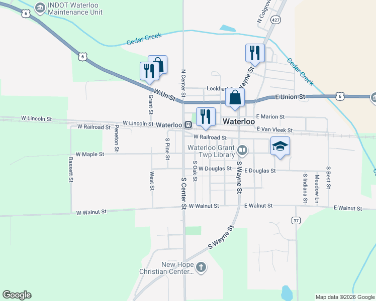 map of restaurants, bars, coffee shops, grocery stores, and more near 440 West Maple Street in Waterloo