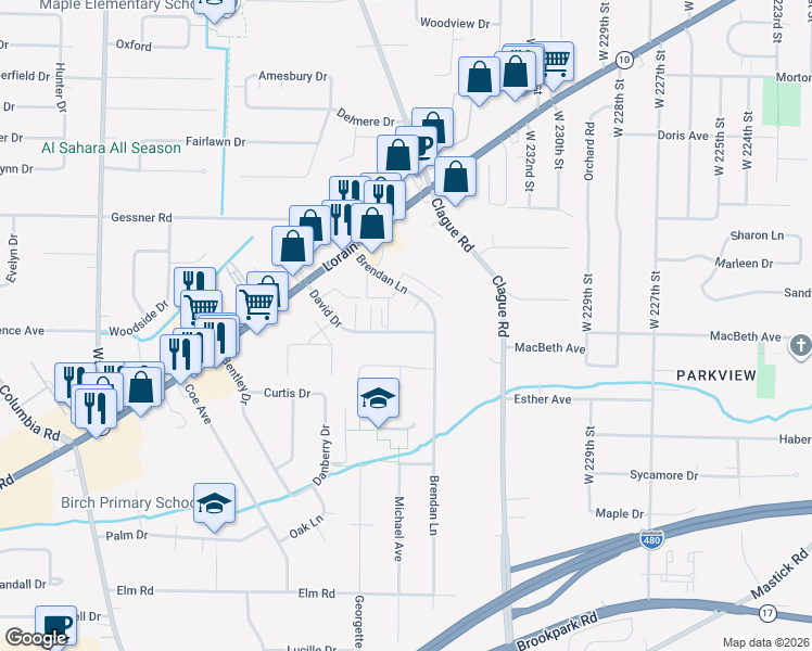 map of restaurants, bars, coffee shops, grocery stores, and more near 23500 David Drive in North Olmsted