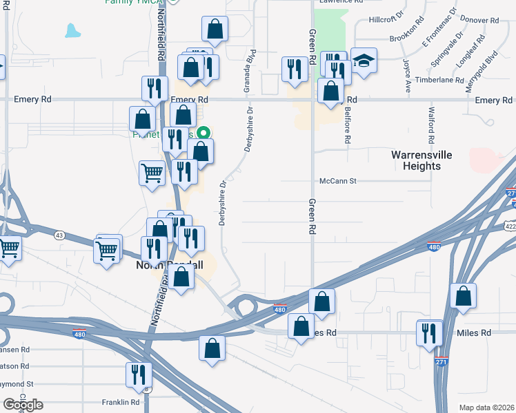 map of restaurants, bars, coffee shops, grocery stores, and more near 22510 Felch Street in Warrensville Heights
