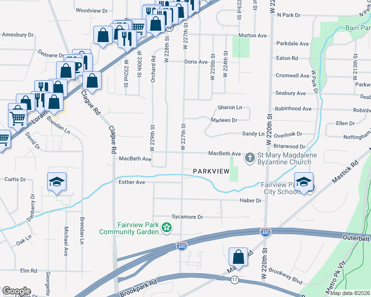 map of restaurants, bars, coffee shops, grocery stores, and more near 22688 MacBeth Ave in Fairview Park