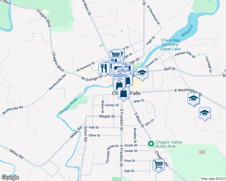map of restaurants, bars, coffee shops, grocery stores, and more near 34 West Washington Street in Chagrin Falls