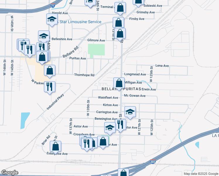 map of restaurants, bars, coffee shops, grocery stores, and more near 13200 Wilton Avenue in Cleveland