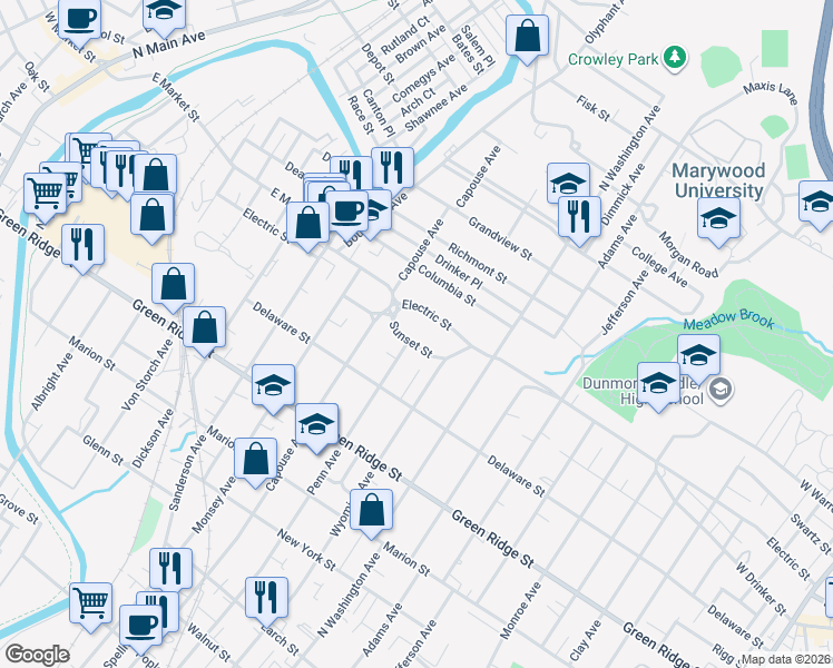 map of restaurants, bars, coffee shops, grocery stores, and more near 1003 Sunset Street in Scranton