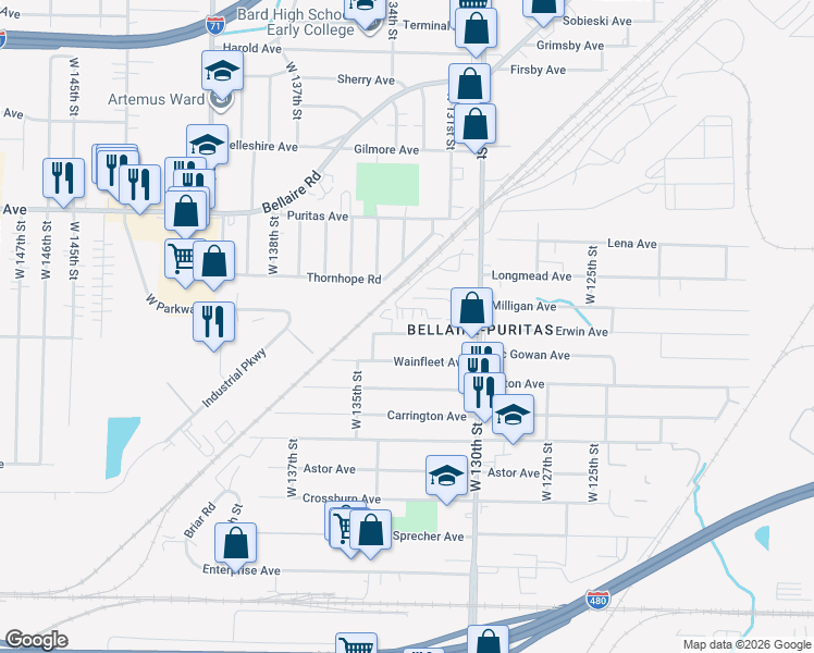 map of restaurants, bars, coffee shops, grocery stores, and more near 13308 Wilton Avenue in Cleveland