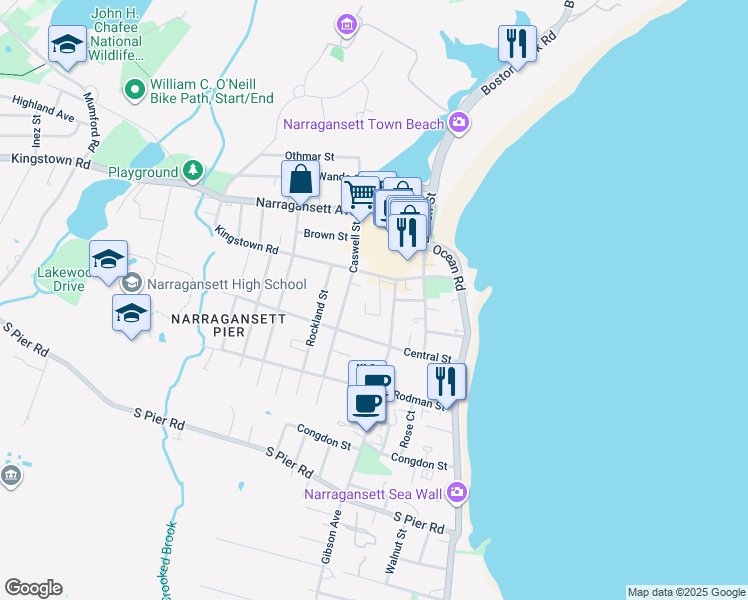map of restaurants, bars, coffee shops, grocery stores, and more near 74 Caswell Street in Narragansett
