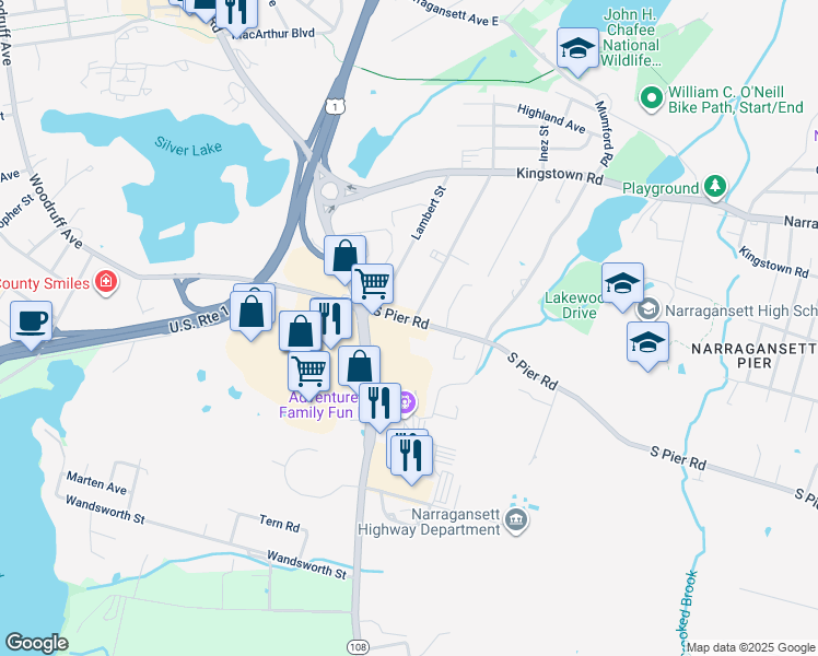 map of restaurants, bars, coffee shops, grocery stores, and more near 354 South Pier Road in Narragansett