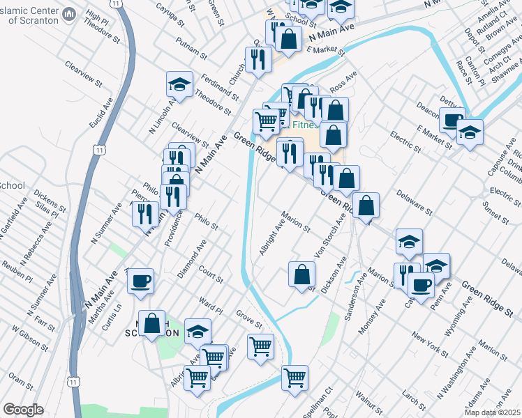 map of restaurants, bars, coffee shops, grocery stores, and more near 1409 Gardner Avenue in Scranton