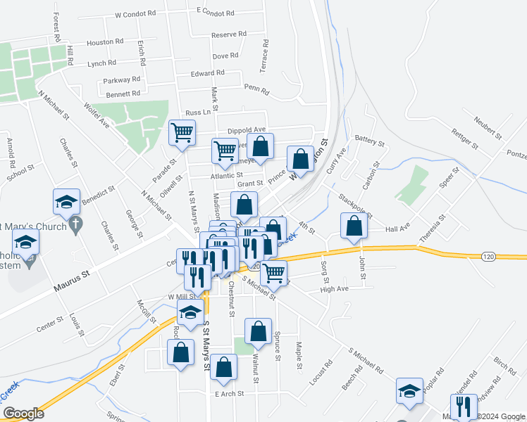 map of restaurants, bars, coffee shops, grocery stores, and more near 115 Erie Avenue in Saint Marys