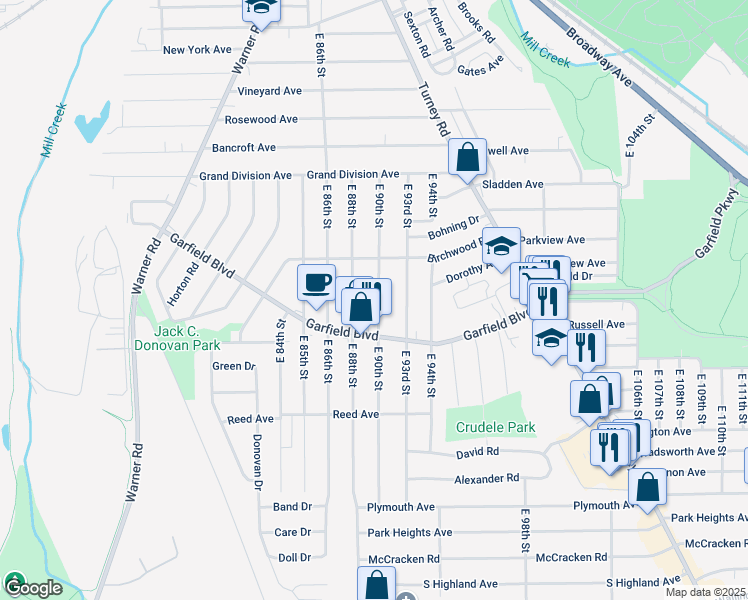 map of restaurants, bars, coffee shops, grocery stores, and more near 4757 East 90th Street in Garfield Heights