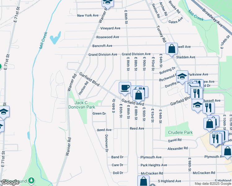 map of restaurants, bars, coffee shops, grocery stores, and more near 8320 Garfield Boulevard in Garfield Heights