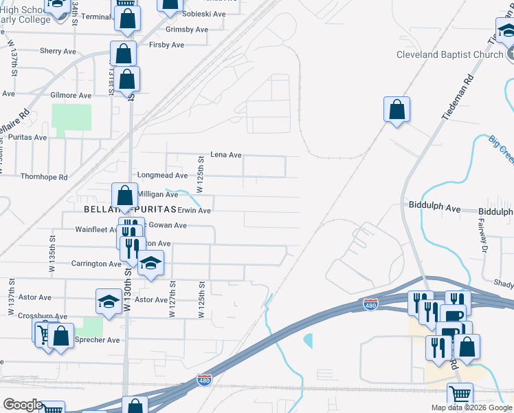 map of restaurants, bars, coffee shops, grocery stores, and more near 12010 Erwin Avenue in Cleveland