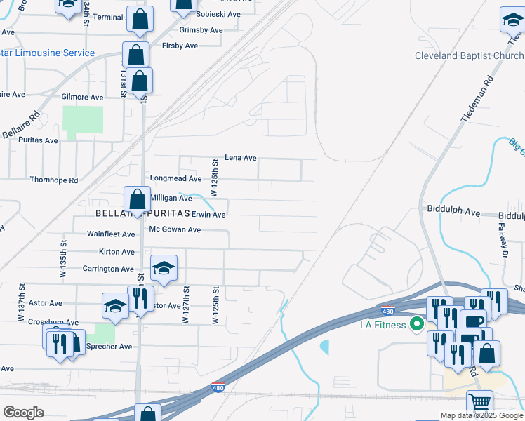 map of restaurants, bars, coffee shops, grocery stores, and more near 12010 Erwin Avenue in Cleveland