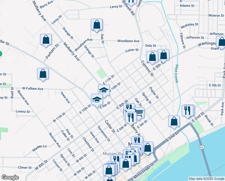map of restaurants, bars, coffee shops, grocery stores, and more near 512 East 10th Street in Muscatine