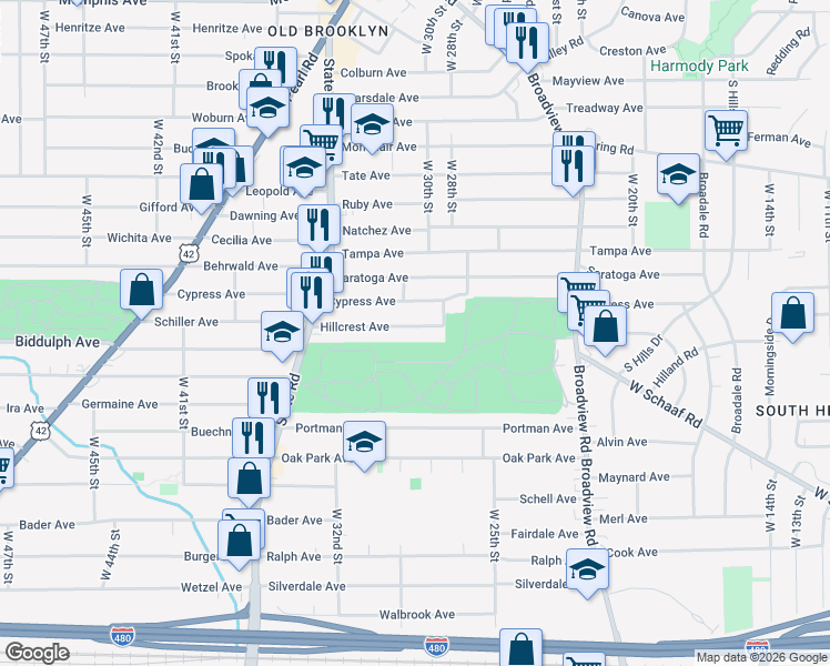map of restaurants, bars, coffee shops, grocery stores, and more near 3009 Hillcrest Avenue in Cleveland