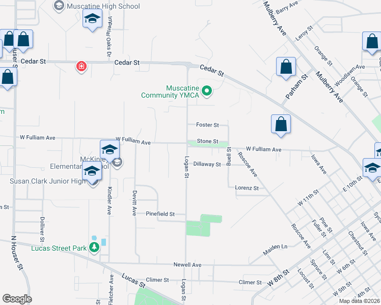 map of restaurants, bars, coffee shops, grocery stores, and more near 1800-1876 Logan St in Muscatine