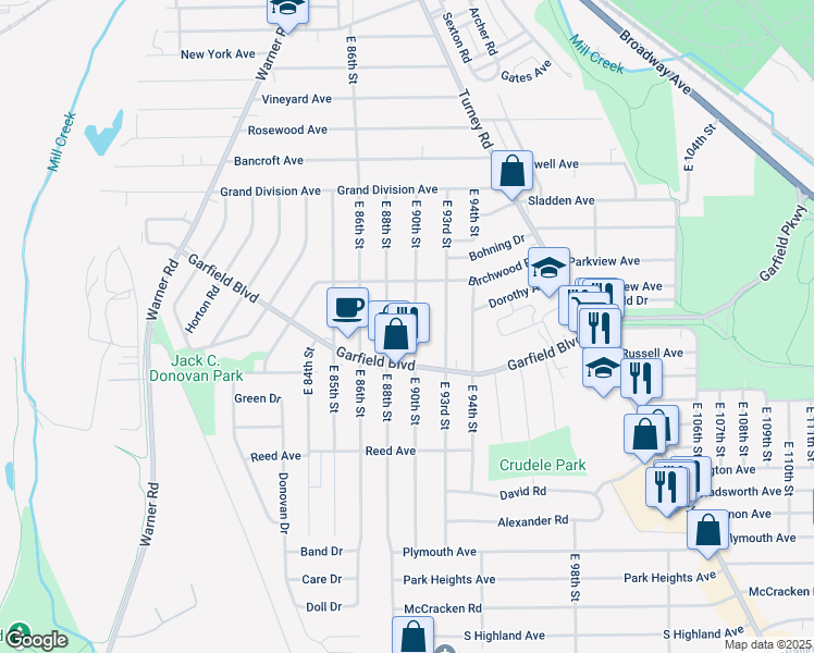 map of restaurants, bars, coffee shops, grocery stores, and more near 4757 East 90th Street in Garfield Heights