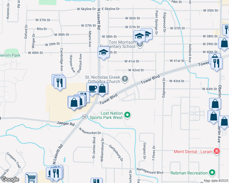 map of restaurants, bars, coffee shops, grocery stores, and more near 2100 Tower Boulevard in Lorain