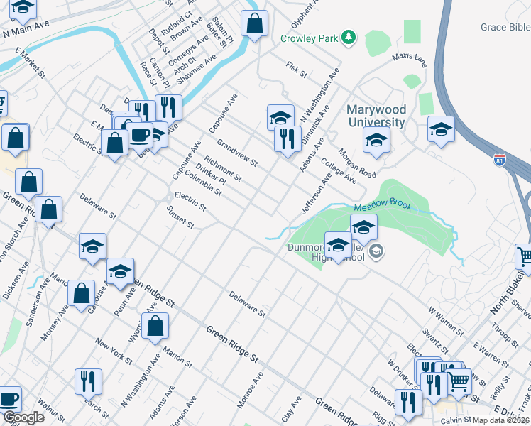map of restaurants, bars, coffee shops, grocery stores, and more near 1208 Evelyn Street in Scranton