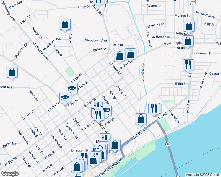 map of restaurants, bars, coffee shops, grocery stores, and more near 800 East 8th Street in Muscatine