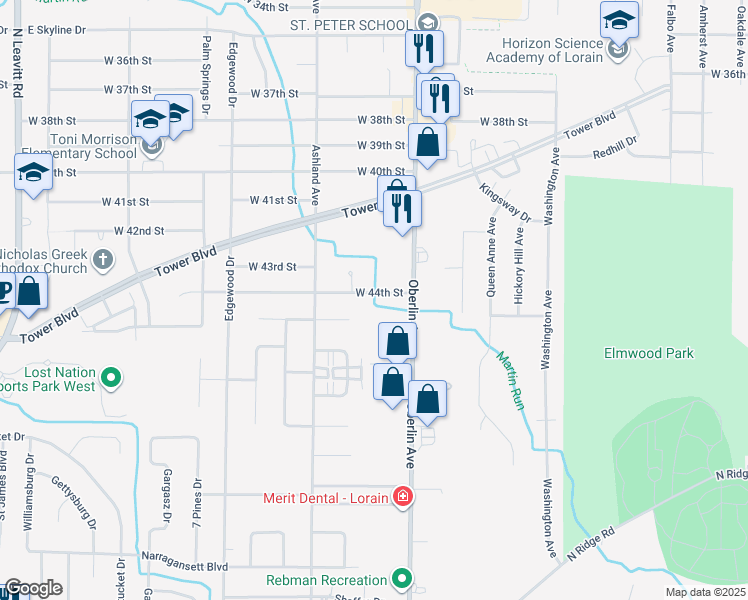 map of restaurants, bars, coffee shops, grocery stores, and more near 1209 West 44th Street in Lorain