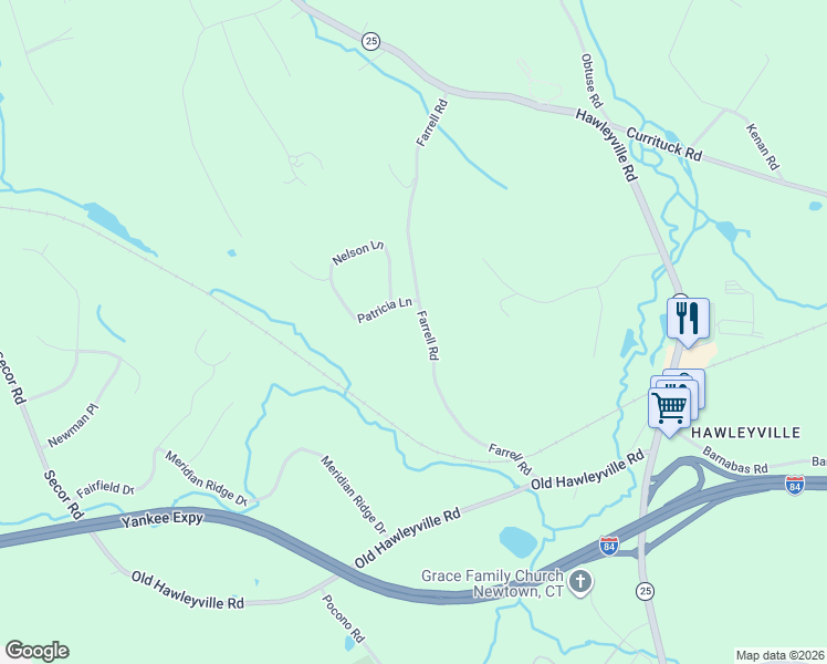 map of restaurants, bars, coffee shops, grocery stores, and more near 23 Farrell Road in Newtown