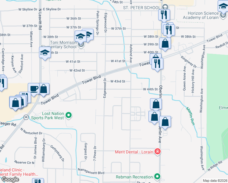 map of restaurants, bars, coffee shops, grocery stores, and more near 1604 Redbud Place in Lorain