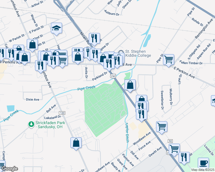 map of restaurants, bars, coffee shops, grocery stores, and more near 2917 Milan Road in Sandusky