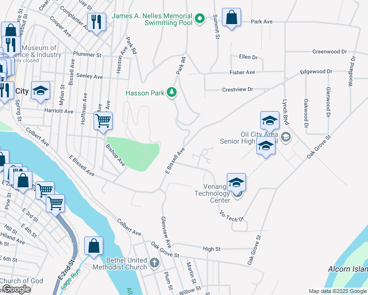 map of restaurants, bars, coffee shops, grocery stores, and more near East Bissell Avenue in Oil City
