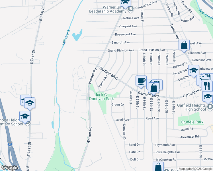 map of restaurants, bars, coffee shops, grocery stores, and more near 4798 Rockwood Road in Garfield Heights