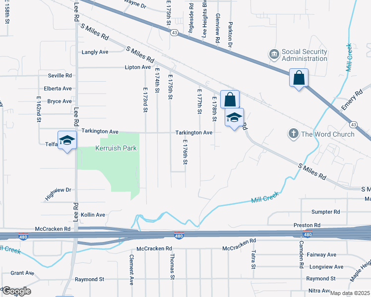 map of restaurants, bars, coffee shops, grocery stores, and more near 4747 East 176th Street in Cleveland