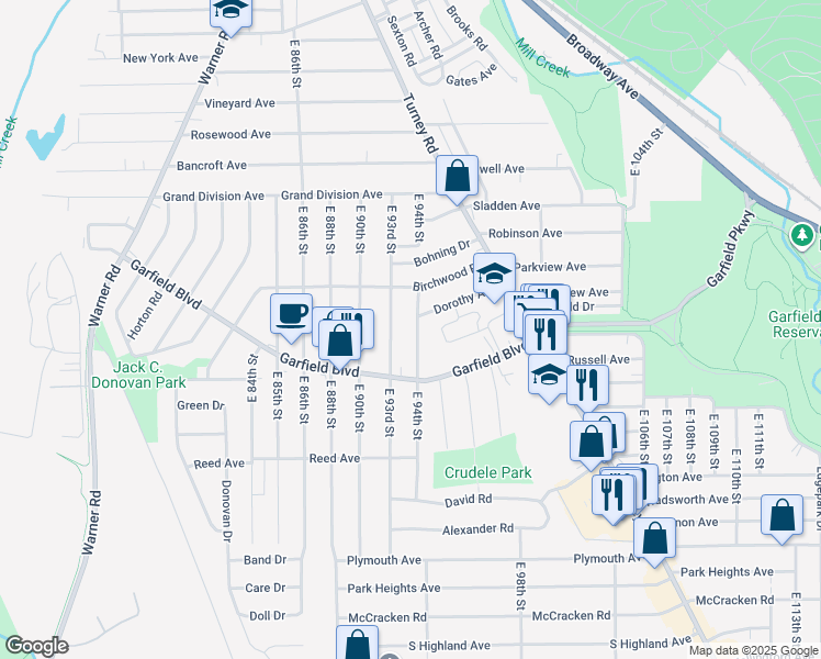 map of restaurants, bars, coffee shops, grocery stores, and more near 4757 East 93rd Street in Garfield Heights